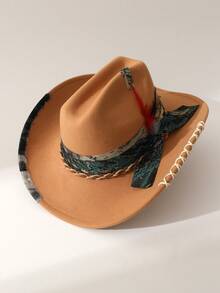 1pc Women's Fashion Solid Color Brimmed Hat, Vintage Wide Belt & Scarf Decor, Minimalist Feather Accent, Hand-Embroidered Tie Decor, Wide Brim Flattering Fit Unisex Versatile Style