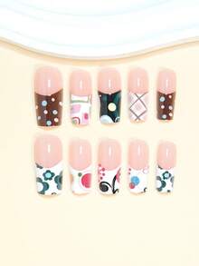 24片中号方形美甲贴片，Y2K风格，升级你的美甲！包含柔粉色条纹、可爱蓝绿色花朵、宽法式、复古优雅纯棕色、彩色波点、不对称圆形法式美甲贴片。适合女性和女孩。内含1张粘贴贴和1张迷你凝胶贴。随机发货。美甲用品 - 彩色 - 查看 4