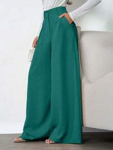 Women Plain Straight Leg Woven Fabric Long Suit Pants With Pocket Zipper Button - Green - View 4