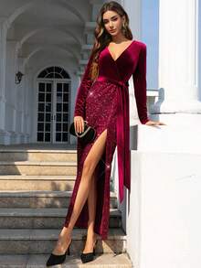 Volly Toych Elegant Burgundy V-Neck Velvet Sequin Maxi Dress, Long Sleeve, Waist Tie, Alluring Slit Design, Suitable For Formal Evening Events - Burgundy - View 5