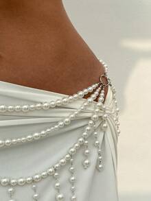 1pc Bohemian Fashion Baroque Faux Pearl Multilayer Tassel Sexy Body Chain, Vintage Ocean Element Starfish Shell Conch Pendant Tassel Waist Chain And Vest Chain, Women Beach Resort Decor Body Jewelry