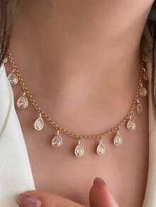Shescity 1pc Lightweight Luxurious Elegant Teardrop Zirconia Necklace For Women - N023-1 - View 15
