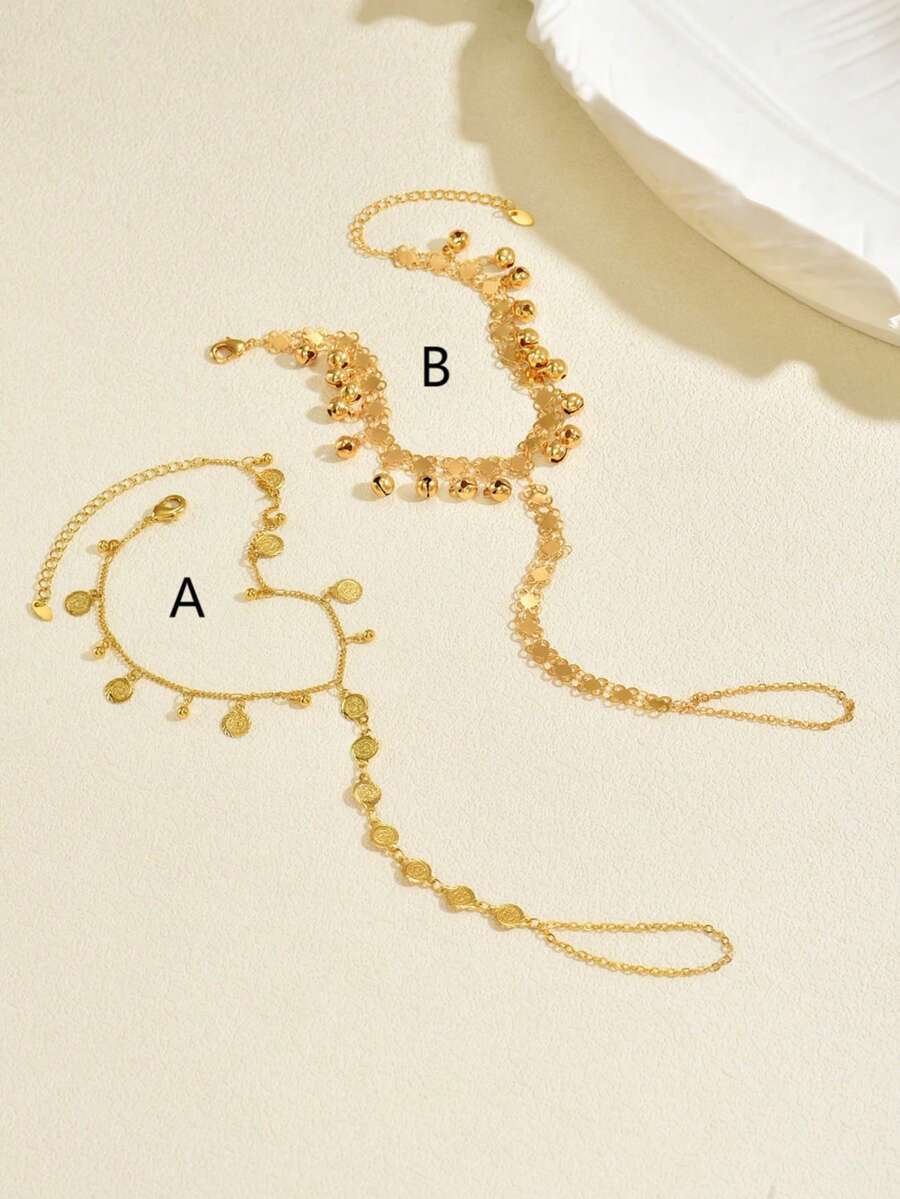 1pc Gold Chain With Round Coin & Bell Pendant Anklet, Suitable For Women's Beach Vacation Exotic Style Wear - Golden - View 1