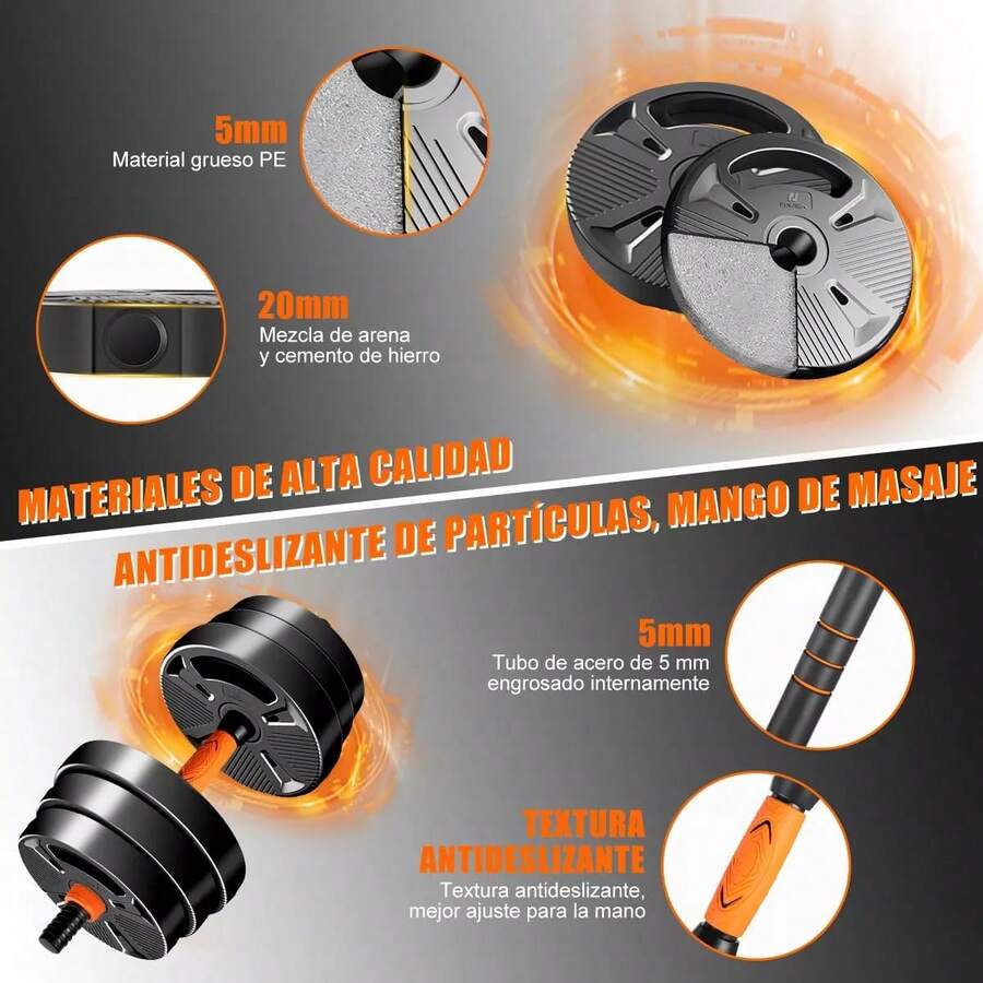 Kit de Pesas y Mancuernas, 6 En 1 Kit de Mancuernas 20 Kg, Incluye Mancuernas y Barra de Extensión Acolchada, Tuercas Antideslizantes, Acero Resistente, Gym en Casa - 1 - Ver 1