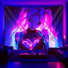 1pc Cyberpunk Vibrant Neon Colored Sexy Woman Glowing In The Dark Printed Tapestry, Used For Beautiful Bedroom Wall Hanging, Home And Office Decoration To Celebrate - 彩色 - 查看 2