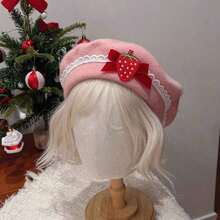 1Pcs Early Autumn Strawberry Wool Beret Hat, New Cute Sweet Versatile Pink Beret Hat With Shiny Bohemian Charm - 粉色 - 查看 8