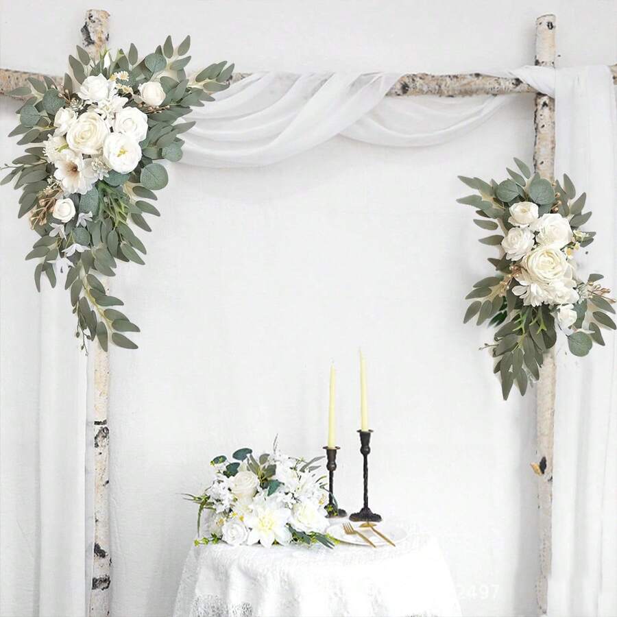2pcs/Set Artificial Simulated Roses Wedding Decoration Flower For Wedding Birthday Holiday Party Home Festivals Indoor Outdoor Table Wall Door Window Chair Decoration Fake Flowers, Valentine's Day Decoration, Mother's Day Decoration - trắng - Xem 1