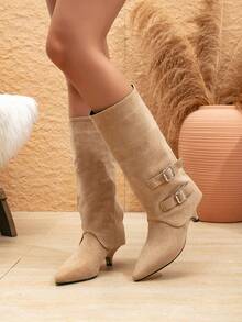 Autumn/Winter New Pointed Toe Over-The-Knee Belt Buckle Platform Mid-Heel Tall Boots, High Heeled Boots, Black Velvet - Camel - View 4
