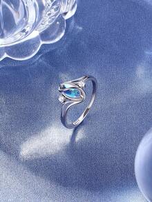 1pc 925 Sterling Silver 2.7g Moonstone Ring, Cubic Zirconia Accented Statement Ring For Women