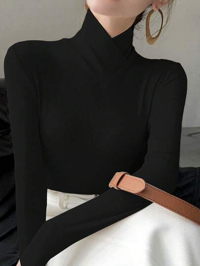 ملابس علوية طبقة أساسية للنساء ذات لون أحادي بياقة متقاطعة مصنوعة من الأقمشة المحبوكة، مناسبة للارتداء في المكتب في فصلي الخريف والشتاء