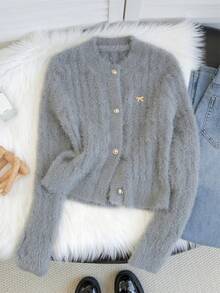 女士时尚短款保暖蝴蝶结多功能圆领长袖毛衣开衫针织外套秋冬街头潮流 - 灰色 - 查看 6