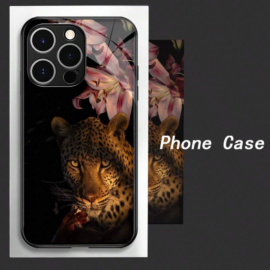 1pc Elegant Leopard & Lily Flower Pattern Glass Material Phone Case, High-End Chic, Compatible With Iphone, Tempered Glass Material - Black - View 1