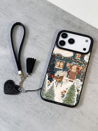 1 buc. Husă de telefon minimalistă nouă, personalizată, cu model de casă de ren de Crăciun, impermeabilă, anti-cădere, anti-alunecare, de înaltă calitate, cu textură Litchi, 3D, mată, moale + brățară la modă cu curea din piele ecologică în formă de inimă, compatibilă cu Apple, telefoane, cadou excelent pentru prieteni, familie, cupluri, ziua de naștere, sărbători