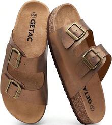 GETAC CHANCLAS MUJER, SANDALIAS HOMBRE con Plantilla de corcho Suela Antiderrapante EVA PANTUNFLAS Unisex, Broche hebilla con Correas ajustables Cómodas estilo casuales playa. - Gris pardo - Ver 7