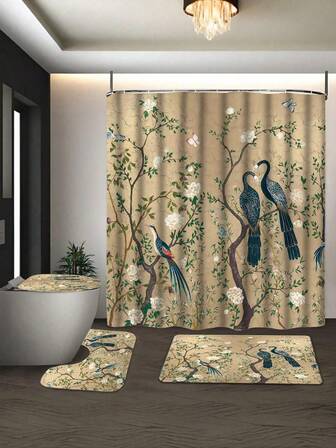 中国风花卉和鸟类印花浴帘 - 防水、可机洗涤纶，含挂钩 - 适合所有季节浴室装饰圣诞装饰