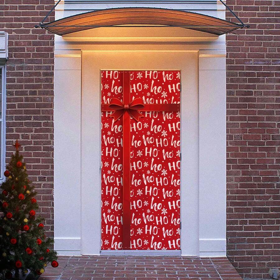 Christmas Door Cover Decoration Creative Diagonal Stripes Letter Large Bow Pattern Holiday Front Door Wrap For Home Party Decor - Multicolor - View 1