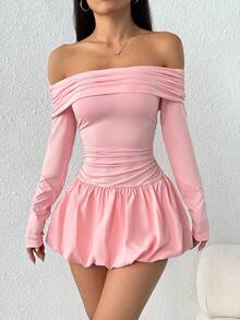 Vestido largo con hombros descubiertos y detalles plisados - Rosa - Ver 3