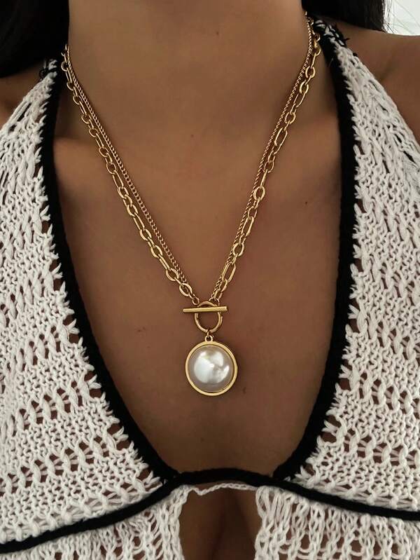 New Vintage Baroque Style Round Pearl Double Layer Metal Punk Stainless Steel Necklace For Women