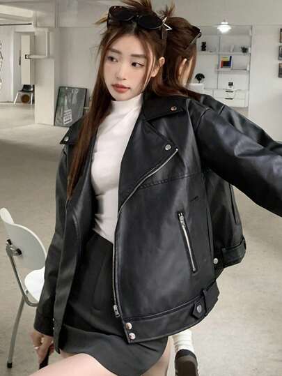 女式纯色前拉链长袖口袋休闲夹克