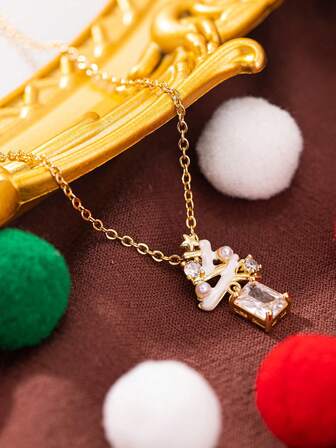 1pc Fashionable Compartment White Snowy Landscape Christmas Tree & Golden Chain Necklace, Suitable For Christmas Decoration, Jewelry For Teenagers