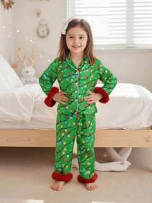 Kid Christmas Satin Pajamas Set Light String Print Long Sleeve Lapel Button Down Tops With Pants Sleepwear - Green - View 3