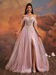 VIPGIRL New Elegant Off Shoulder Mesh Slit Luxury Evening Dress - Pink - View 5