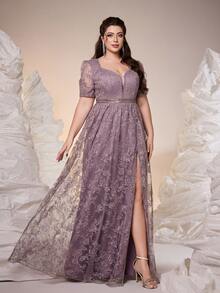 新款Ampoket V领长袖刺绣蕾丝开衩晚礼服，适合舞会、婚礼、派对、婚礼宾客等场合，也可作为晚礼服（非定位款），适合情人节春季穿着。 - 藕粉色 - 查看 5