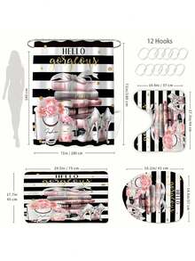 1/4 Pcs Fashion Black & White Striped Shower Curtain Set, Girls Pink Rose Perfume High Heel Shower Curtain & Bath Mat, Comes With 12 Free Hooks, Home Bathroom Accessories, Bathroom Window Curtain Shower Set With 12 Hooks, Bathroom Accessories, Waterproof Polyester Fabric, Anti-Slip Bathroom Mat, Anti-Slip U-Shaped Toilet Mat, Bathroom Divider, Decorative Accessories, Modern Home Room Decor, Hanging Curtain Decor, Suitable For Home Decor, Bathroom Decor, Christmas Decor, Holiday & Daily Decor