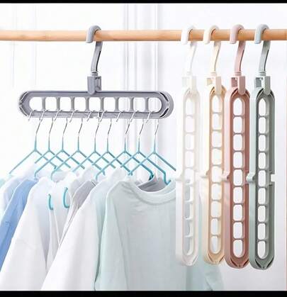 Organizador de ropa con 9 agujeros, ahorra espacio, plástico antideslizante duradero, gancho giratorio de 360°, uso vertical y horizontal. Percha ligera para armario, dormitorio y viajes.