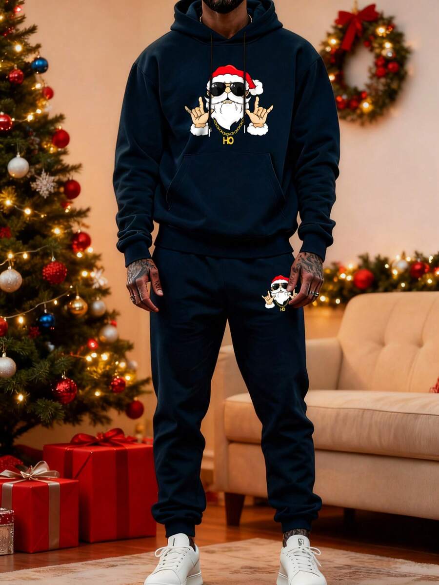 2 Stück/Set Herren Mode lustiges Weihnachtsmann Handzeichen Muster Lässig thermisch gefütterte Kapuzen-Pullover und Hose Set, geeignet für Straße, Outdoor, Feiertage, Alltag