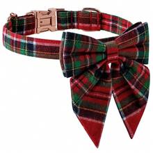 2 件套圣诞宠物配饰，英国风格红绿格子宠物领结项圈，圣诞格子玫瑰金扣领结项圈