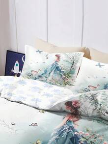 Un conjunto de ropa de cama personalizada (1 edredón reversible + 2 fundas de almohada de una sola cara) está hecho de tela de poliéster con un patrón de niña pequeña impreso digitalmente, adecuado para dormitorios de niñas en todas las estaciones. - Multicolor - Ver 6