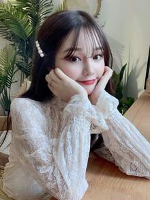 蕾丝花卉图案优雅镂空长袖高领女式衬衫（不含内衬）