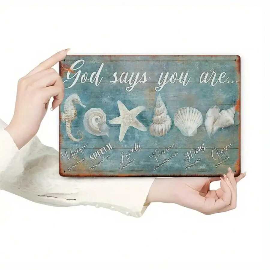 2D Flat, 1pc Vintage Coastal Metal Wall Art With Inspirational Bible Verses - Rustic Nautical Shell Starfish Seashell Design, Distressed Blue Iron Sign For Farmhouse, Beach House, Living Room Decor, Coastal Decor, Coastal Charm, Weathered Finish, 2D Flat - 1件(8x12吋) - 查看 1
