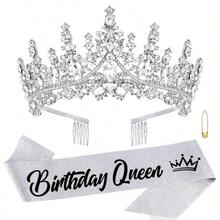 Birthday Queen Sash Tiara Crown Silver Tiaras And Crowns For Women Girls Crystal Princess Tiara Rhinestone Headbands Quinceanera Crown Headpieces Happy Birthday Decorations Accessories For