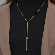 Long Women's Necklace With Two Pearls, Elegant Adjustable Design In 925 Silver And 18k Gold Plated, Modern Minimalist Style For Party And Daily Use - 金色 - 查看 1