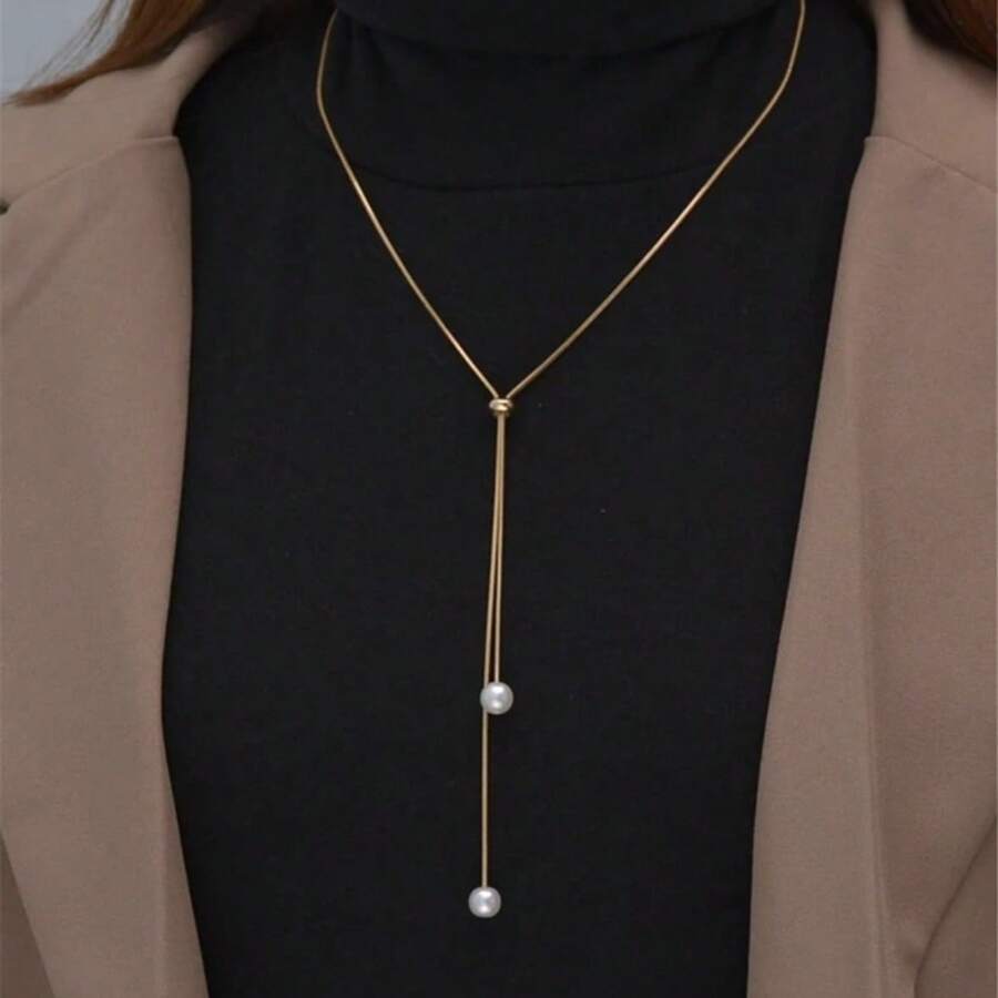 Long Women's Necklace With Two Pearls, Elegant Adjustable Design In 925 Silver And 18k Gold Plated, Modern Minimalist Style For Party And Daily Use - 金色 - 查看 1