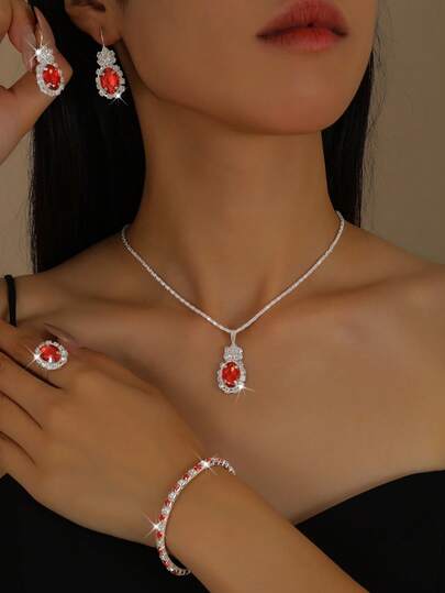 5pcs/Set Women's Oval Rhinestone Necklace, Earrings, Bracelet, Ring Geometric Pattern Elegant Bridal Jewelry Set, Wedding Season