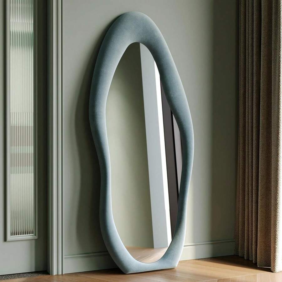 Full Length Mirror, 63" X 24" Wall Mirror, Flannel Wrapped Wooden Frame Full Body Mirror, Irregular Wavy Mirror Hanging Or Leaning Against Wall For Cloakroom/Bedroom/Living Room, Blue,24331387 - 藏蓝色 - 查看 1