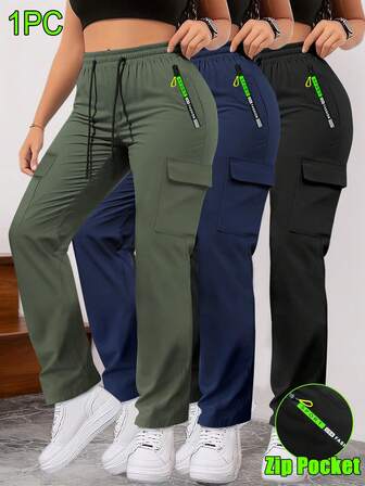 Women's Spring/Autumn Zipper Pocket Cargo Pants, Fashionable Large Pocket Design, Drawstring Elastic Waist, Casual Outdoor/Daily Wear Skinny Trousers