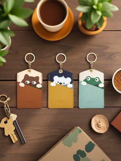 1 pieza Soporte de tarjeta de gato, oso o rana de dibujos animados creativo de PU, regalo pequeño ideal para amigos