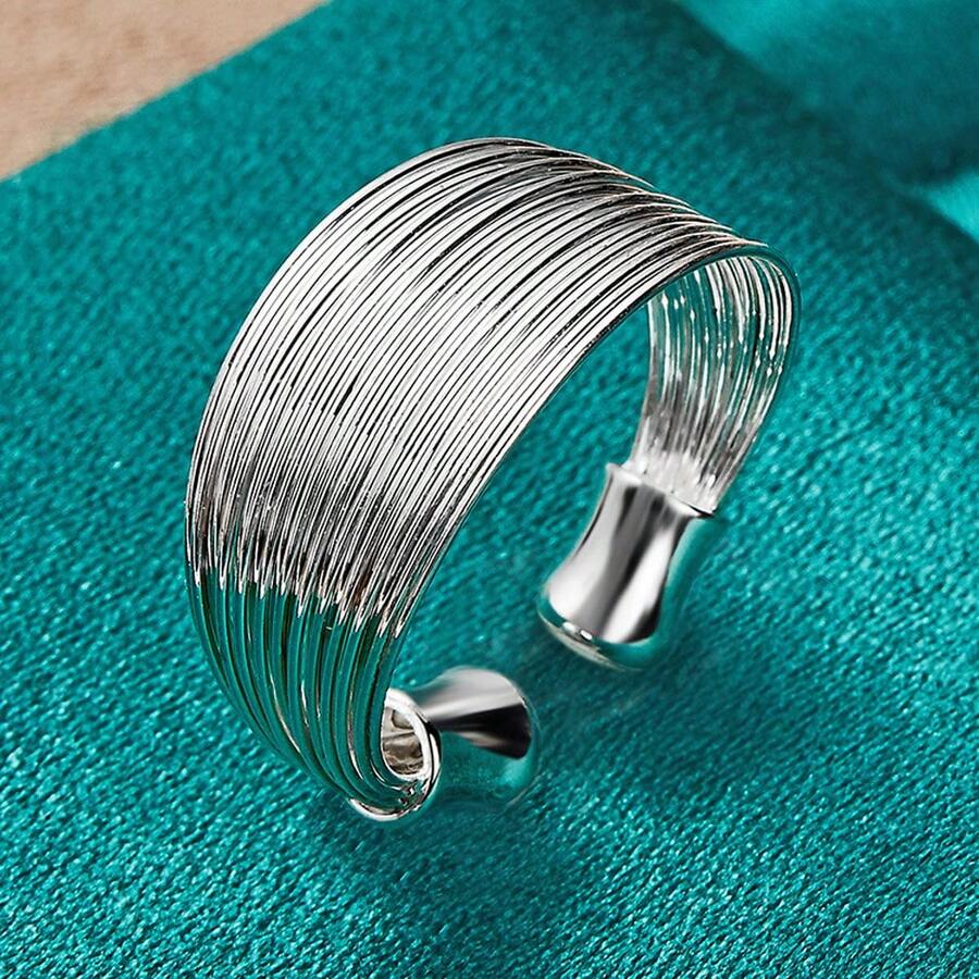 925纯银镀层多圈可调节戒指，适合男女婚礼派对时尚饰品 - 銀色 - 查看 1
