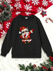 KID004Jolly Comfort, Boys' Festive Christmas Santa Print Sweatshirt - Cozy Polyester, Long Sleeve Crew Neck Pullover for FallWinter - Negro - Ver 1