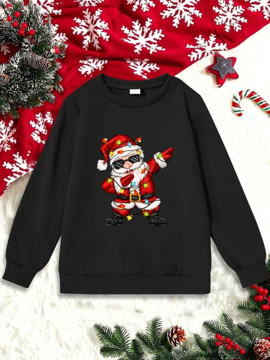 KID004Jolly Comfort, Boys' Festive Christmas Santa Print Sweatshirt - Cozy Polyester, Long Sleeve Crew Neck Pullover for FallWinter - Negro - Ver 1