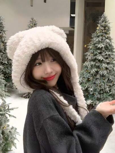 Cappello invernale carino con orecchie d'orso, berretto di pile con paraorecchie per donne e bambine, cappello a cuffia antivento