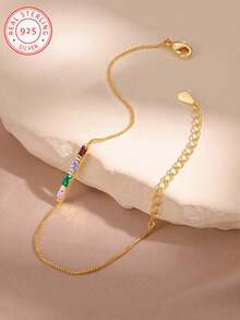 1 Pc 925 Sterling Silver Personalised Birthstone Fashion Jewellery Bracelet, Customisable With Birthstone, Makes An Ideal Gift For Her, Your Girlfriend, Mother, Family Or Friends. Suitable For Anniversaries, Graduation Ceremonies, Proms, Parties And Other Occasions. Perfect For High School Graduates, University Students And Freshers To Wear. - Yellow Gold - View 6