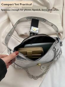 Vintage Punk Studded Underarm Bag For Women, Crocodile-Embossed PU Leather Purse With Metal Chain Decor - Solid Color Rivet Chain Shoulder Bag For Handheld & Shoulder Carry, Hot Girls Clutch Evening Bag Banquet Square Handbag & Satchel Purse For Wedding Party Prom, Women's Chain Decor Underarm Bag Casual Phone Coin Bags,Fashionable Niche Design, Steampunk, Goth,Bag For Women, Cool Girls Street Wear,Perfect For Music Festival, Concert, Rock Style Bag For Women For Evening Events, Concerts, Dates, Holds Phone, Lipstick, Keys In Edgy Gothic Style[US Local Warehouse] - 彩色 - 查看 6