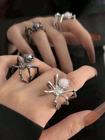 1 件黑白蜘蛛开口戒指，极简主义暗黑朋克蜘蛛设计，月光石可调节开口戒指，适合女性的万圣节配饰