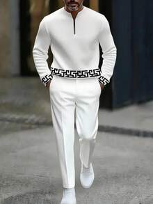 Autumn/Winter New Men's Casual Stand-Up Collar Suit, All With White As The Base Color, With Different Black Decorative Patterns: Some With Curves, Some With Stripes And Greek Key Patterns, And Some With Greek Key Patterns On The Hem And Cuffs Of The Jacket, Each Set Includes A Stand-Up Collar Half-Ipper Jacket And A Drawstring Casual Long Pants. Sports, Street Style Suit, Men's Clothing, Men's Suit.  Striped    Spring/Fall    Regular Fit    Pocket  Zipper    Going Out  Daily - 黑與白 - 查看 1