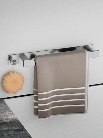 1pc Modern Sleek Black Stainless Steel Towel Bar - Wall-Mounted Rack With Hooks For Bathroom Storage, Holds Textured Towels, Durable Finish